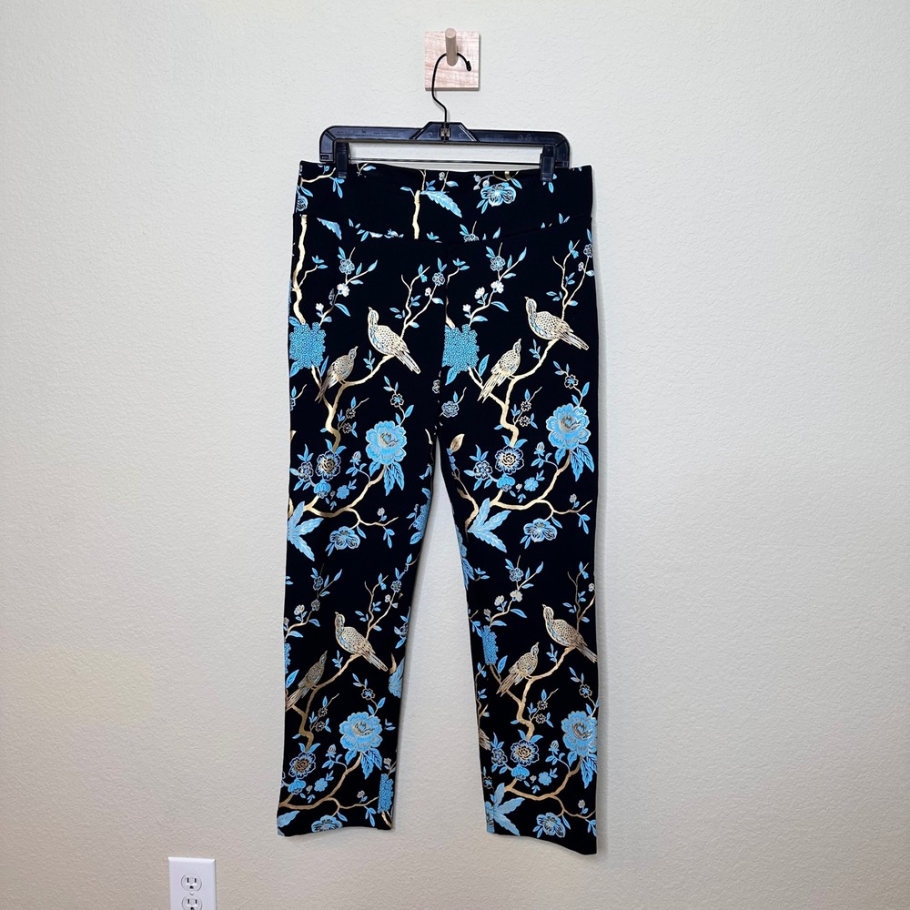 Soft Surroundings Womens Black Gold Blue Bird Floral Chinoiserie Ankle Pants L